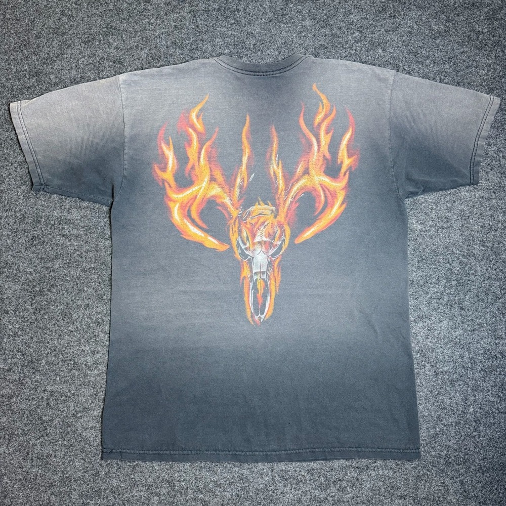 Vintage Bonehead Outfitters Tee Mens L Black Hunting Deer Skull Flame graphic
